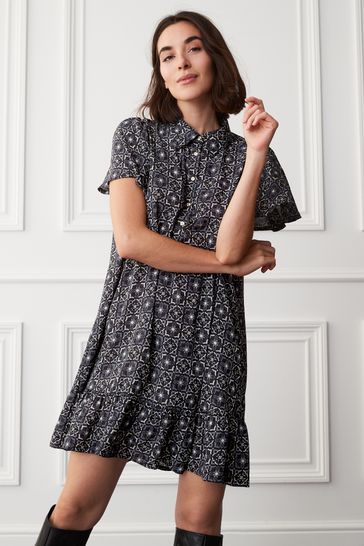 Black Geo Print Mini Short Sleeve Shirt Dress