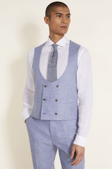 MOSS Blue Tailored Fit Dusty Linen Waistcoat