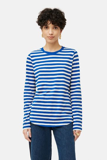 Jigsaw Blue Cotton Slub Stripe Long Sleeve T-Shirt