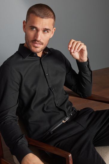 Black Slim Fit Signature Textured Single Cuff Shirt With Trim Detail