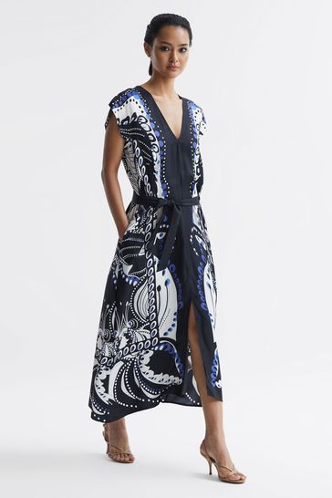 Reiss Navy/White Freja Scarf Printed Midi Dress