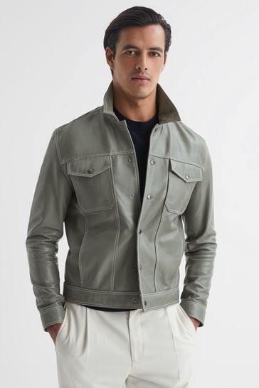 Buy Reiss Sage Gisborne Leather Press Stud Trucker Jacket from