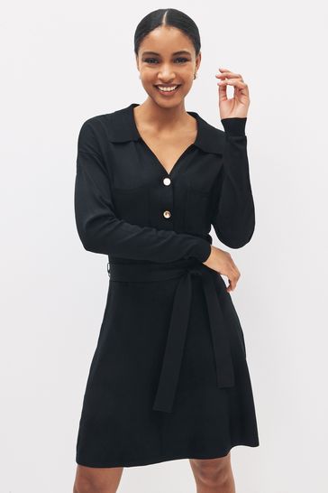 Black Knitted Utility Belted Mini Dress