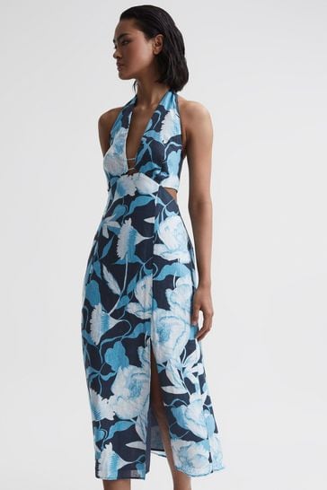 Reiss Navy/Blue Kaia Linen Halter Neck Midi Dress