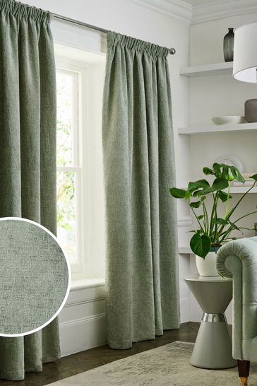 Sage Green Heavyweight Chenille Pencil Pleat Lined Curtains