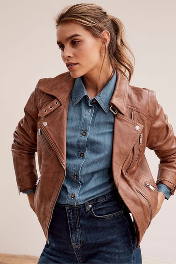 Mint Velvet Tan Brown Zip Leather Biker Jacket