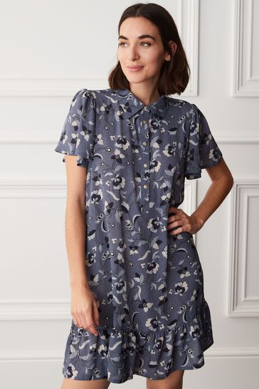 Purple Floral Mini Short Sleeve Shirt Dress