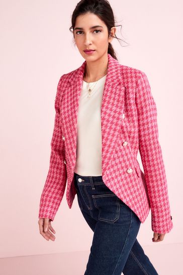 Pink Double Breasted Boucle Fitted Blazer