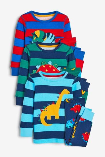 Azul/Rojo/Verde a rayas y dinosaurios - Pack de 3 pijamas abrigados (9 meses-12 años)