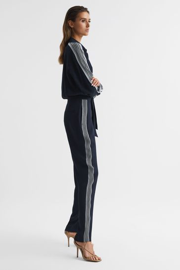 Reiss Navy Selma Long Sleeve Jumpsuit