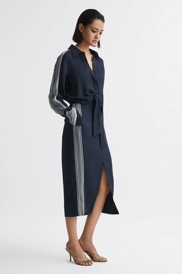 Reiss Navy Arabella Side Stripe Tie Front Midi Dress