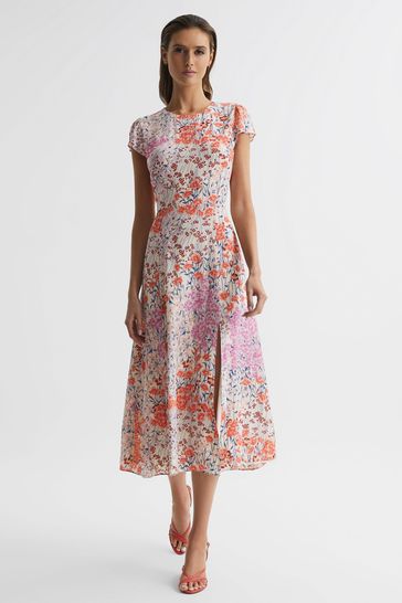 Buy Reiss Coral White Luna Floral Print Cap Sleeve Dress from Next