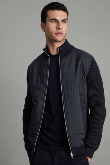 Reiss Navy Trainer Hybrid Quilt and Knit Zip-Through Jacket