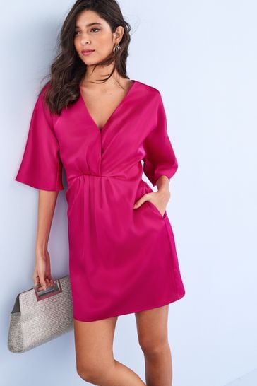 Hot pink satin 2025 draped mini dress