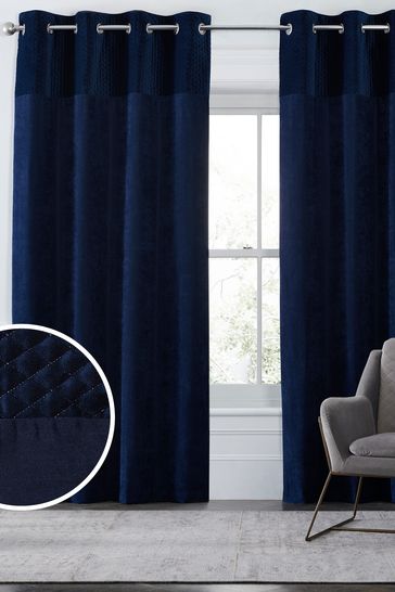 Navy Blue Velvet Quilted Hamilton Top Panel Eyelet Lined Curtains