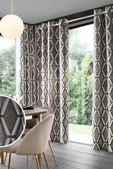 Grey Collection Luxe Heavyweight Geometric Cut Velvet Lined Eyelet Curtains
