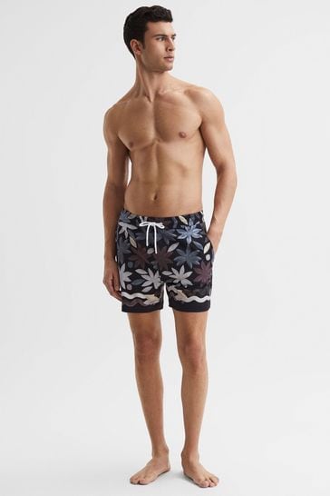 Reiss Black Multi Arizona Floral Print Drawstring Swim Shorts