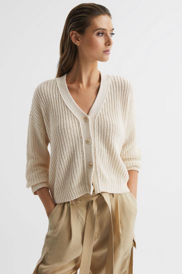Reiss Neutral Adeena Cotton-Linen Blend Knit Cardigan