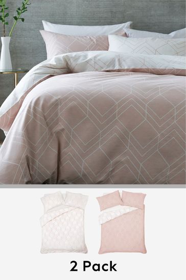 2 Pack Pink Geo Reversible Duvet Cover and Pillowcase Set