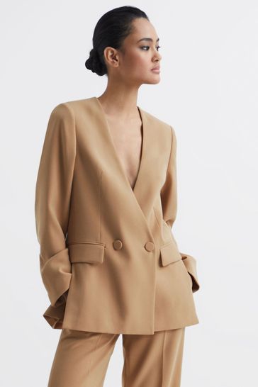 Reiss Neutral Margeaux Collarless Double Breasted Suit Blazer