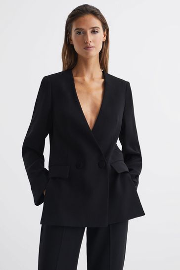 Reiss Black Margeaux Collarless Double Breasted Suit Blazer