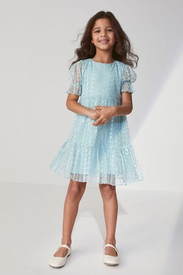 Mint Green Sparkle Mesh Short Sleeve Tiered Party Dress (3-16yrs)