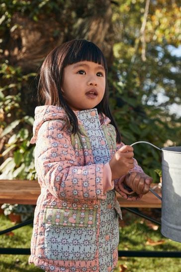 Pink Multi Shower Resistant Colourblock Geo Quilted Coat (3mths-7yrs)