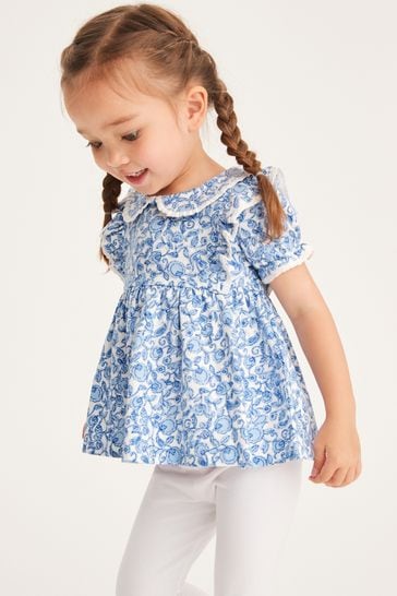 Blue/White Floral Collar Frill Blouse (3mths-7yrs)