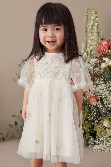 White Embroidered Mesh Party Dress (3mths-7yrs)