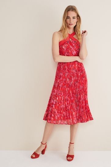 Phase Eight Red Zoya Pleat Midi Floral Dress