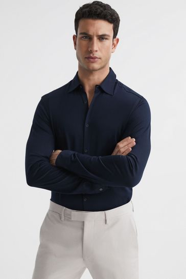 Reiss Navy King Mercerised Cotton Button-Through Shirt