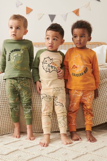 Khaki Green/ Orange Dino 3 Pack Snuggle Pyjamas (9mths-12yrs)