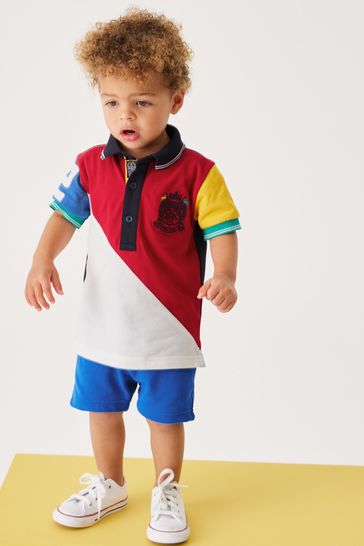 Red/Blue Short Sleeve Colourblock Pique Jersey Polo Shirt And Shorts Set (3mths-7yrs)
