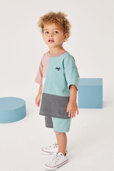 Blue/Pink Oversized Short Sleeves Colourblock T-Shirt and Shorts Set (3mths-7yrs)