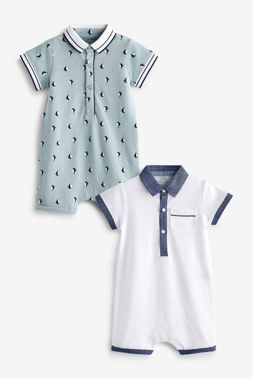 Pale Blue/White Boat Baby Polo Rompers 2 Pack