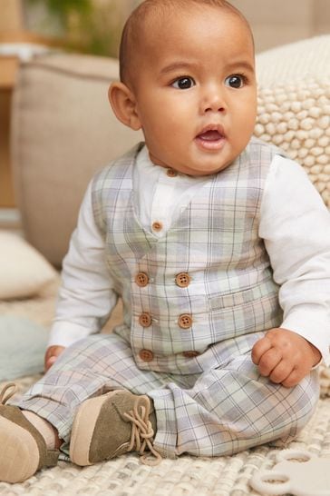 Set vestă și cămașă elegantă cu 3 piese pentru bebeluși Pantaloni Verde carouri (0 luni - 2 ani)