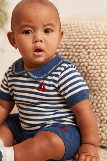 Navy/White Knitted 2pc Baby Short and Collar Top Set (0mths-2yrs)