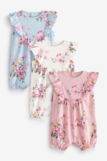 Pink/Blue Floral Baby Jersey Rompers 3 Pack