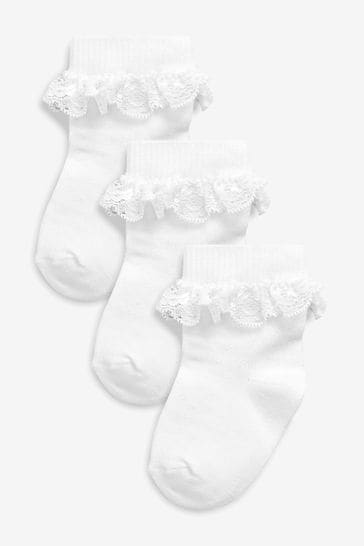 Pack de 3 pares de calcetines para bebé blancos con ribete de encaje (0 meses-2 años)