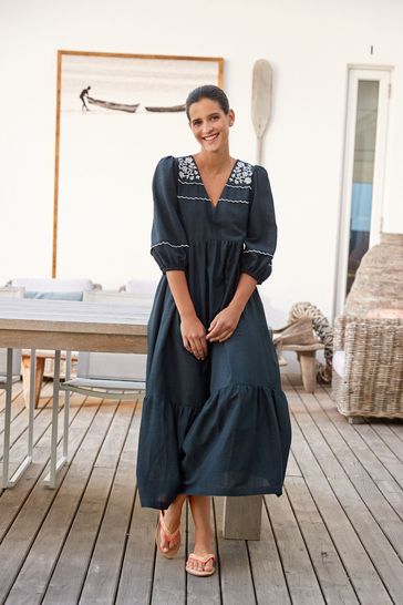 Navy Blue Midi Embroidered Kaftan Dress