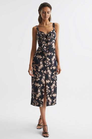 Reiss Black/Blush Aleen Floral Print Linen Midi Dress