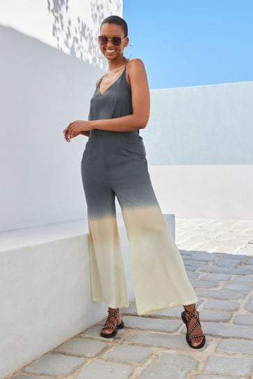 Grey Cream Ombr Tie Dye Strappy Jumpsuit