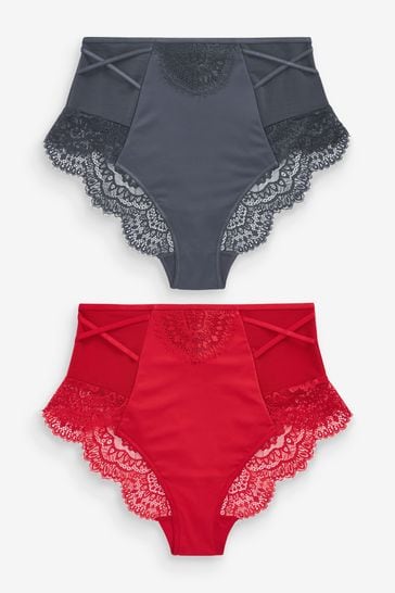 Red/Grey High Rise Tummy Control Lace Knickers 2 Pack