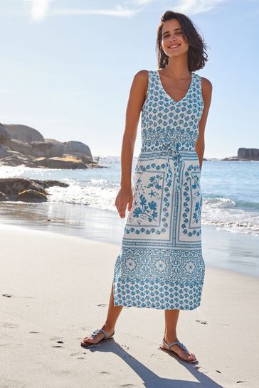 Blue Border Print Sleeveless Midi V Neck Slub Dress