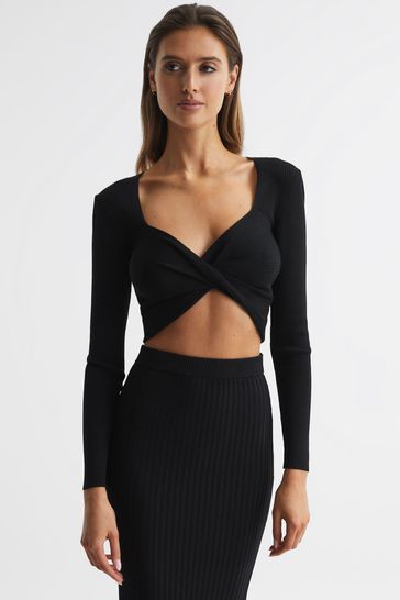 Reiss Black Iona Knitted Twist Cropped Top
