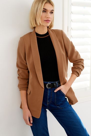 Camel Wool Look Double Breasted Blazer