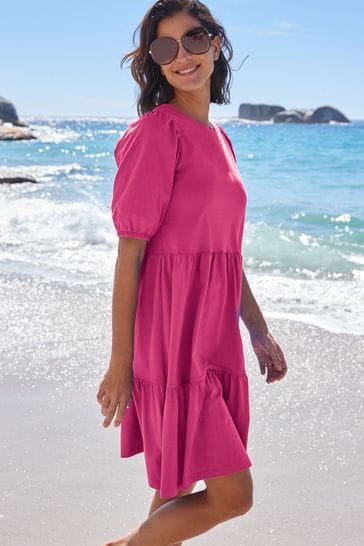 Pink Cotton Round Neck Short Sleeve Tiered Mini Dress