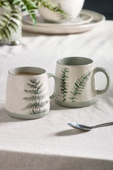 Set of 2 Sage Green Fern Printed Mugs