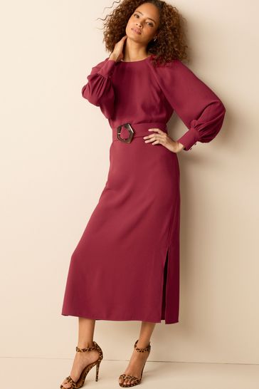 Berry Red Long Sleeve Belted Midi Dress
