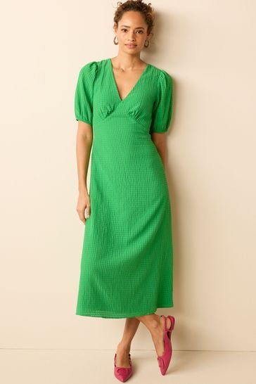 Bright Green Textured Puff Sleeve Midi Dress